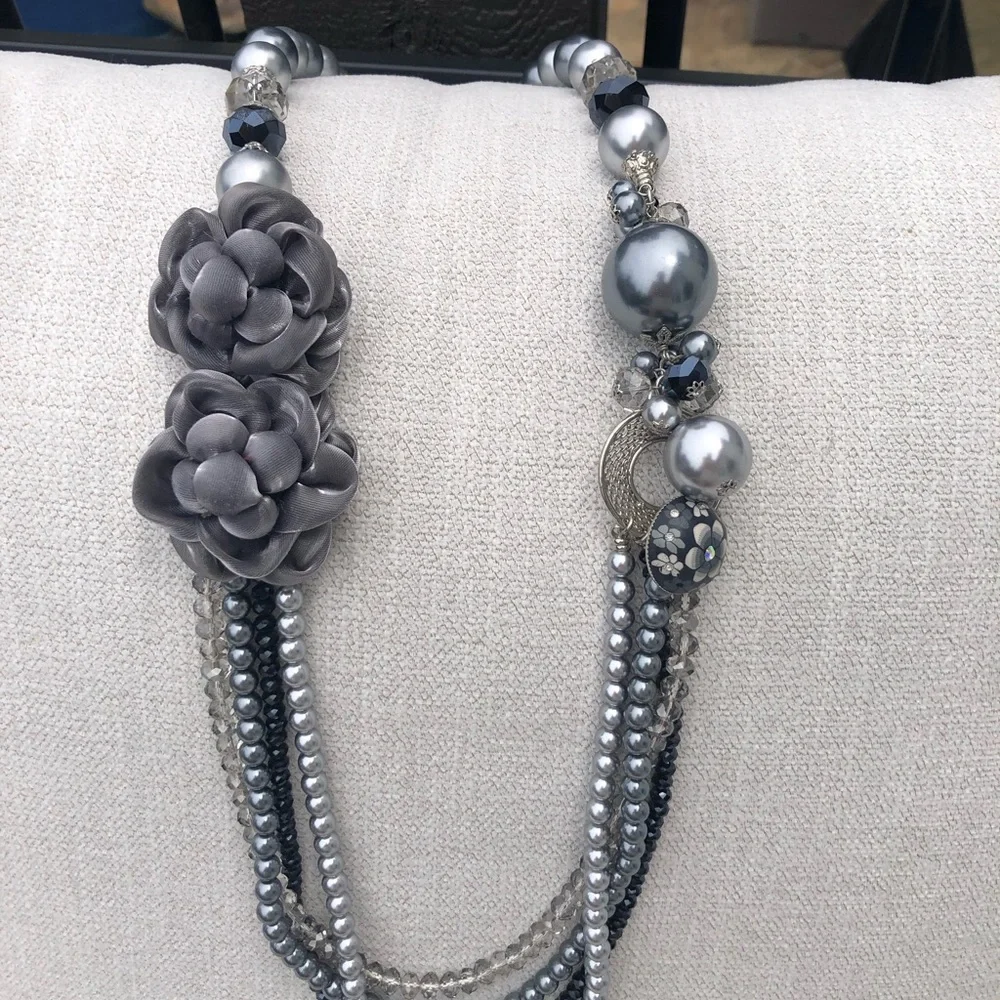 Chico's Silver Floral Multi-Strand Bead Necklace